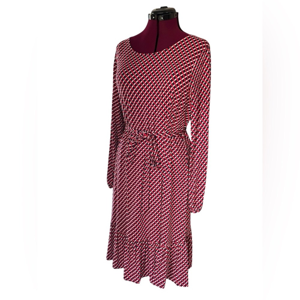 Boden Long Sleeve Red & White Geometric Tie-Waist Dress
